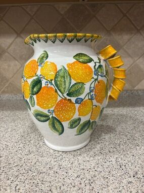 Ceramiche Tombelli Fatto A Mano Vase Pitcher. Lemon, Yellow, Flowers